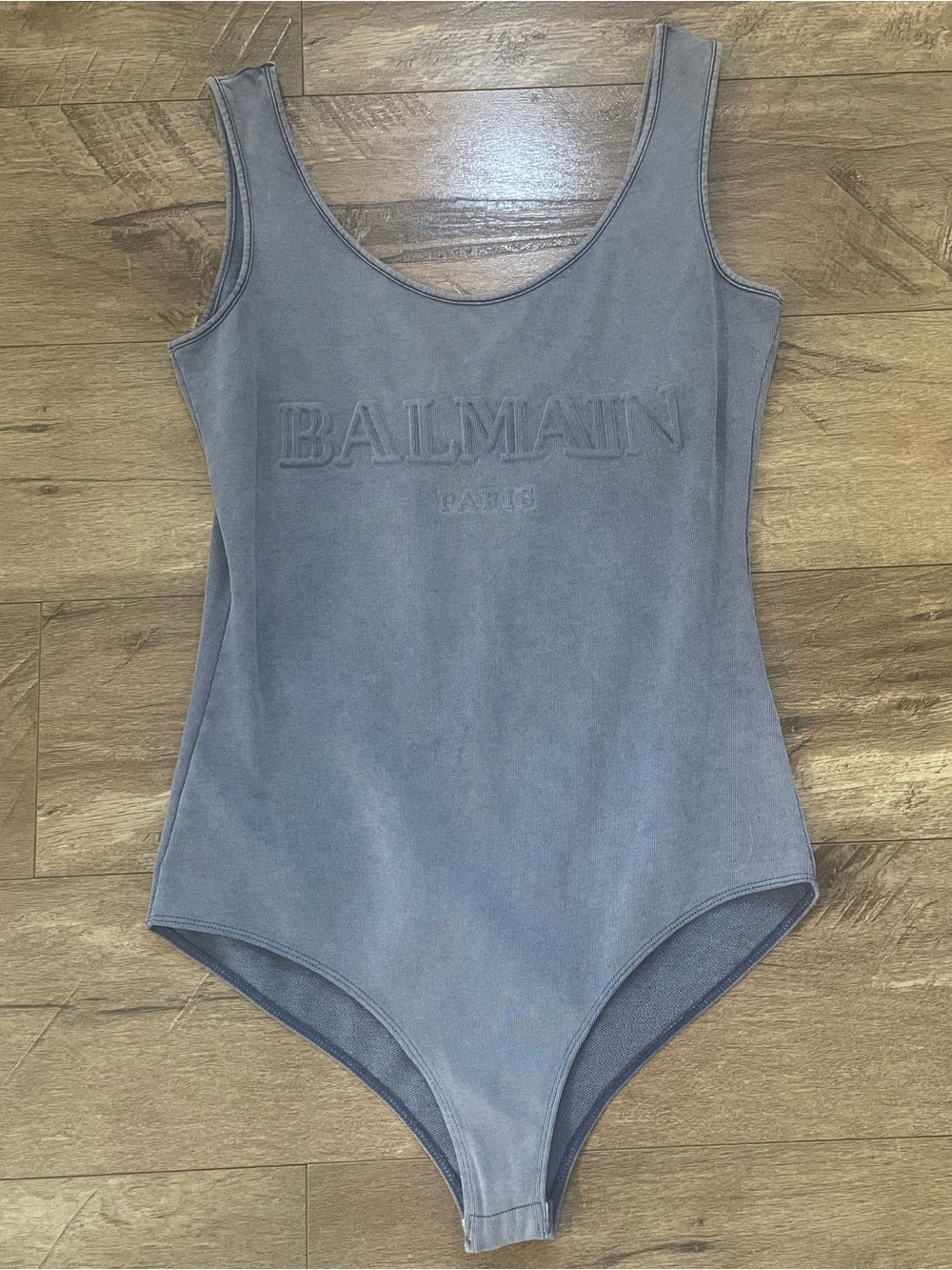 Balmain Paris RF00926J090 Embossed Logo Cotton Bodysuit Blue FR 38